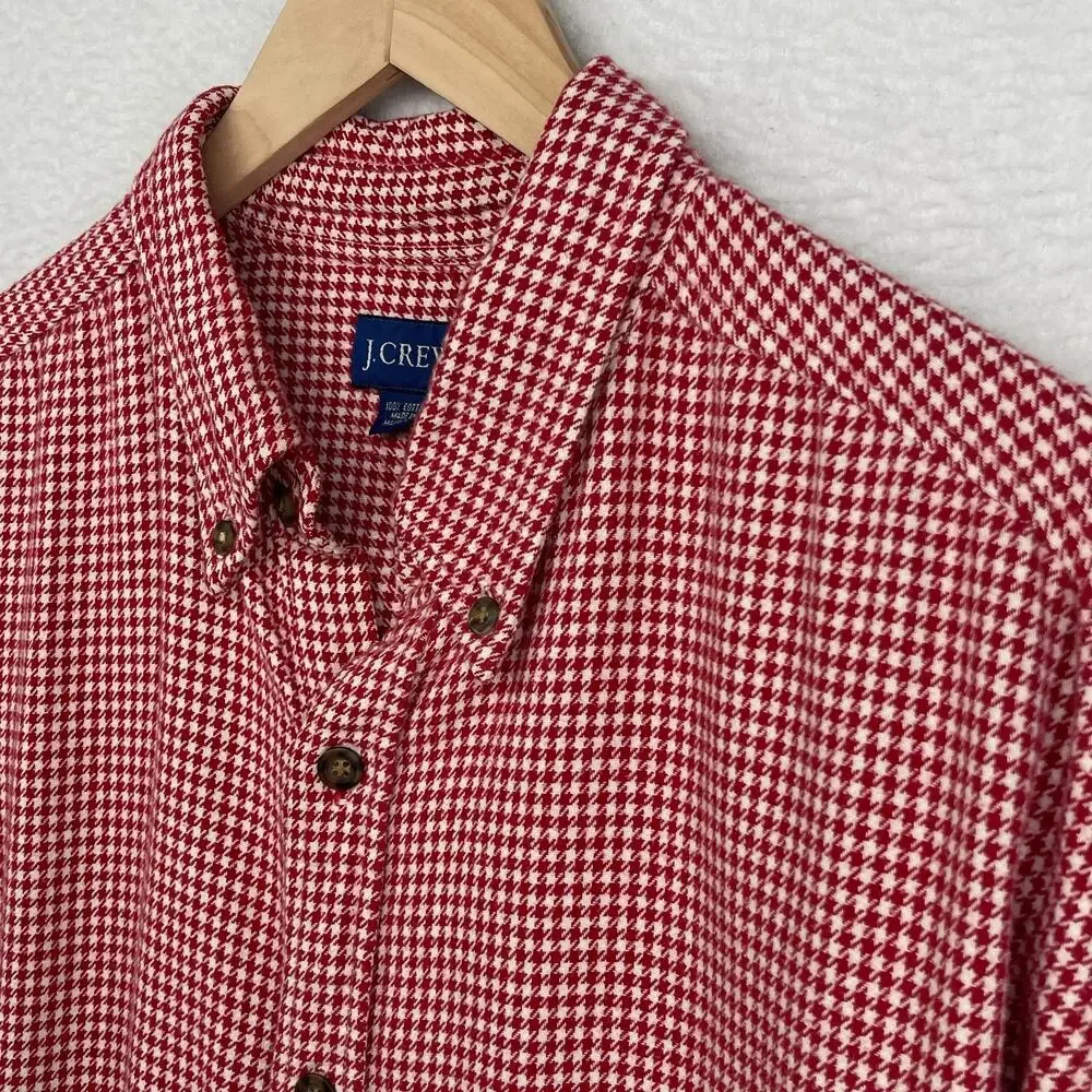 J.CREW Shirt Mens L Flannel Houndstooth Button Down Long Sleeve Cotton Red